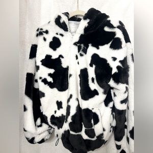 Cow Print Furry Zip Up Jacket